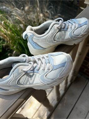 Kids New Balance White and Light Blue Sneakers
